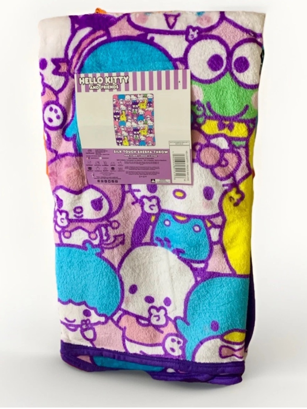 HELLO KITTY &SANRIO FRIENDS Peace Love Sherpa-Lined Throw Blanket Multicolor NWT